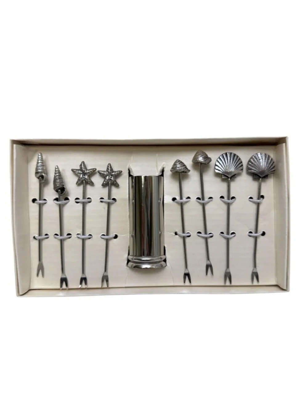 PIER 1 Seashell Cocktail Picks Set 8 with Holder Metal Charcuterie Forks New